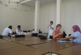 Volunteer Morocco Nursing Elective students set up their screening stations in preparation for a volunteer medical outreach in Morocco.