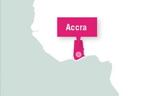 Volunteer Ghana A map showing Accra in Ghana, where our global gap year volunteers have an orientation and join a project to care for and work with local children.