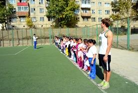 Volunteer Sports Children line up for sporting activities at a placement in Mongolia